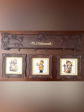 Hummel Brown Plaque with Gold Script and Framed Figurine Tiles